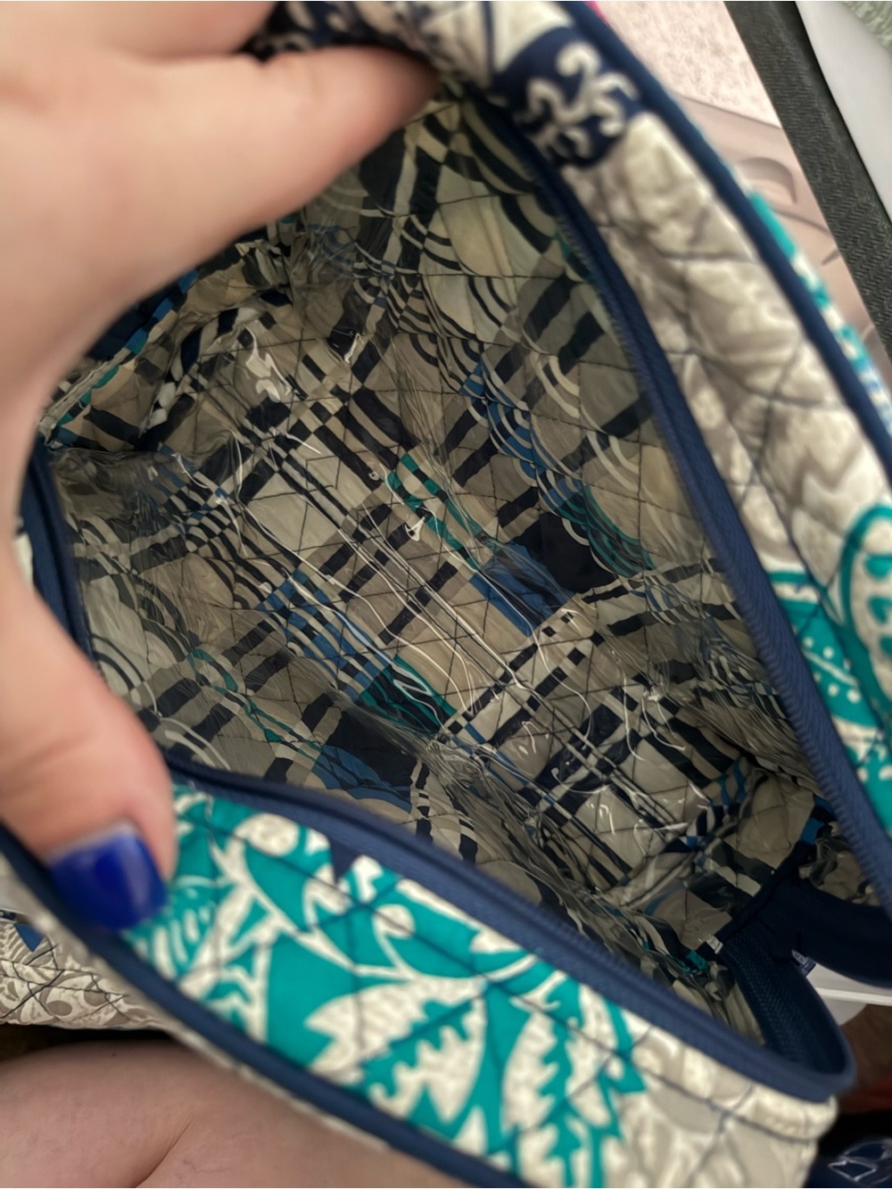 Quilted Floral Cosmetic Bag in Teal, Navy & Cream - Picture 2 of 3